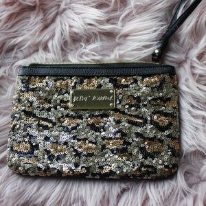 Betsey Johnson Black and Gold Sequins leopard animal print Clutch Wristlet
